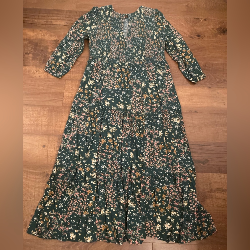 American Eagle Green Floral Smocked Bodice Long Sleeve Maxi Dress Women’s L - Picture 7 of 12